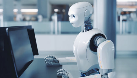 Robot humanoid working with computer in modern office. 3d renderingの素材