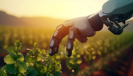 Close-up of robot hand touching a plant in a vineyardの素材
