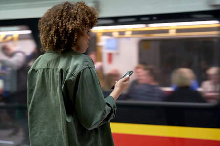 Young afro woman browsing a mobile phone and about to get to the undergroundの写真素材