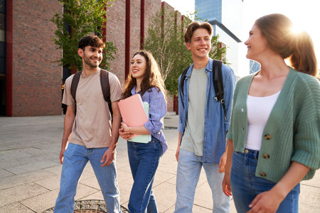 Group of caucasian students walking through university campus