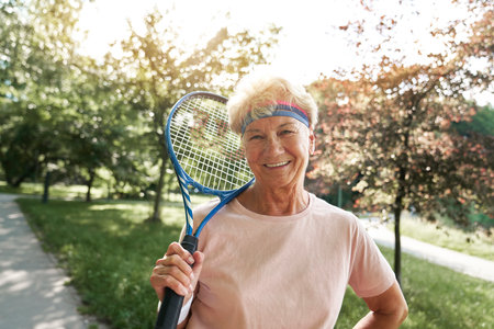 Portrait of senior woman standing in the park and holding tennis racketの写真素材