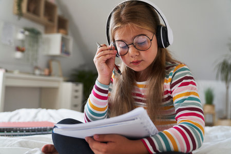 Caucasian elementary age girl listening to music while sitting on the bedの写真素材
