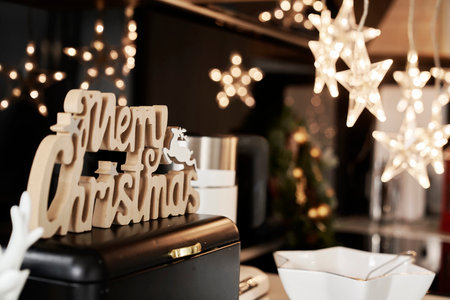Domestic kitchen decorated with Christas decorationsの写真素材