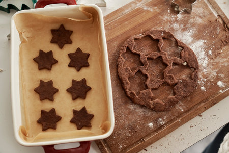 Gingerbread cookies on baking tray and doughの写真素材