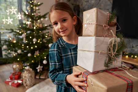 Elementary age girl carrying a pile of Christmas presentsの写真素材