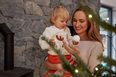 Mother carrying a toddler and standing next to the Christmas treeの写真素材