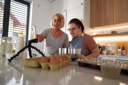 Down syndrome woman and her mother using recipe on the phoneの写真素材