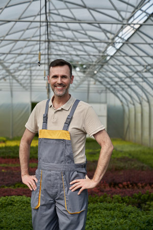 Portrait of male greenhouse plantation workerの写真素材