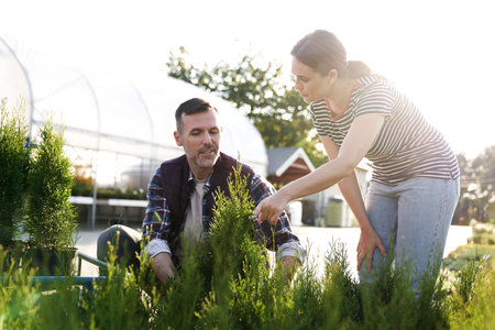 Worker advising the client over plants in garden centerの写真素材