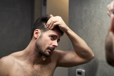 Caucasian man checking hair condition in the bathroomの写真素材