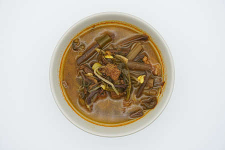 Beef Yukgaejang in a bowl on a white backgroundの写真素材