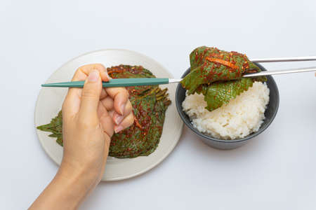 Stewed sesame leaf seasoning neatly in a bowlの写真素材