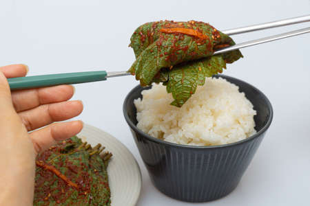 Stewed sesame leaf seasoning neatly in a bowlの写真素材