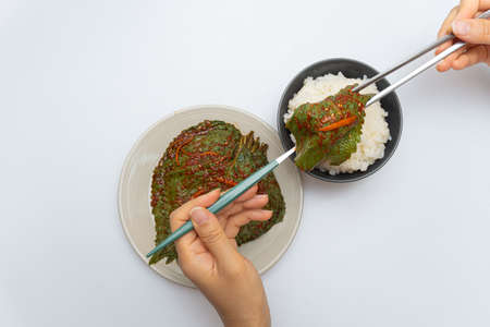 Stewed sesame leaf seasoning neatly in a bowlの写真素材