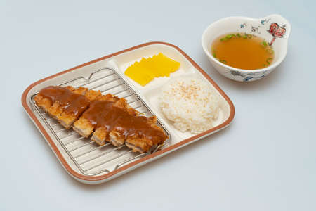 Pork cutlet and miso soup in a bowlの写真素材