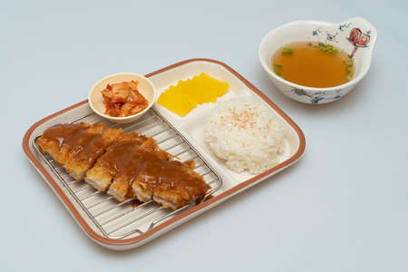 Pork cutlet and miso soup in a bowlの写真素材