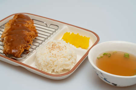 Pork cutlet and miso soup in a bowlの写真素材