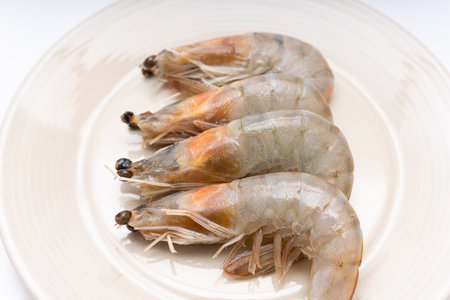 Fresh raw shrimp plated in a bowl on white backgroundの写真素材