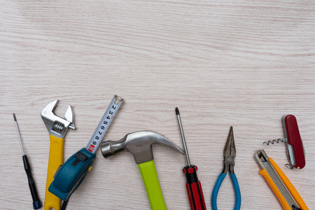 Various household tools such as hammer and tape measure screwdriverの写真素材