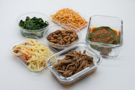 Thai food in plastic container, isolate on white background, ready to eatの写真素材