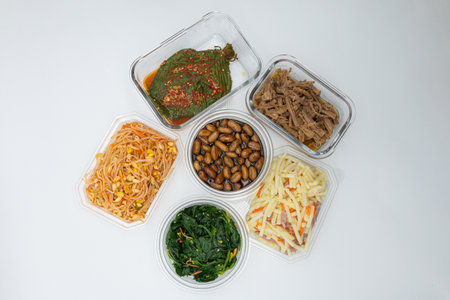 Set of food in plastic container for take away on white background.の写真素材
