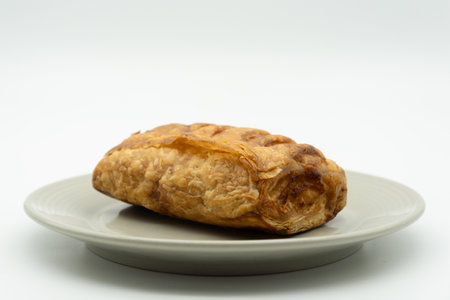 pie with meat and cheese on a plate isolated on a white backgroundの写真素材