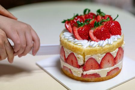 A woman cuts a strawberry cake with a knife on a white plateの写真素材