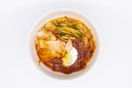 japanese noodle ramen with egg on white background.の写真素材