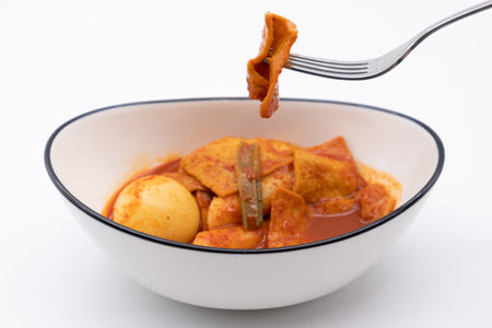 Pork curry in a bowl with a fork on a white backgroundの写真素材