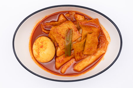 Pork in red curry sauce on white background, Thai food.の写真素材