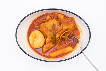 Delicious spicy seasoned tteokbokki served in a bowl - Korean traditional dishの写真素材