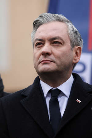 Poland, Czestochowa - 03 January 2020: portrait of Robert Biedron Left candidate for President of Poland during a press conference in front of the Municipal Hospital in Czestochowaのeditorial素材