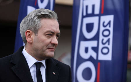 Poland, Czestochowa - 03 January 2020: portrait of Robert Biedron Left candidate for President of Poland during a press conference in front of the Municipal Hospital in Czestochowaのeditorial素材