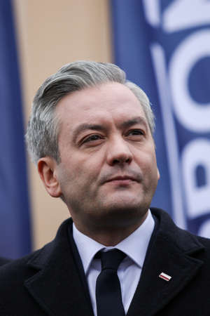 Poland, Czestochowa - 03 January 2020: portrait of Robert Biedron Left candidate for President of Poland during a press conference in front of the Municipal Hospital in Czestochowaのeditorial素材