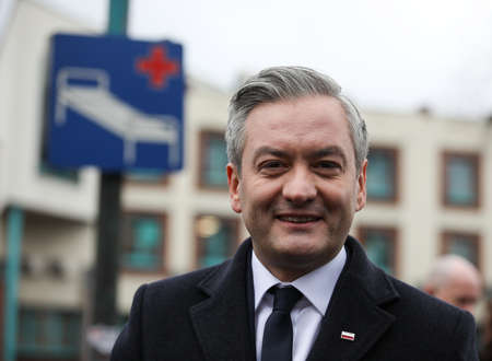 Poland, Czestochowa - 03 January 2020: portrait of Robert Biedron Left candidate for President of Poland during a press conference in front of the Municipal Hospital in Czestochowaのeditorial素材