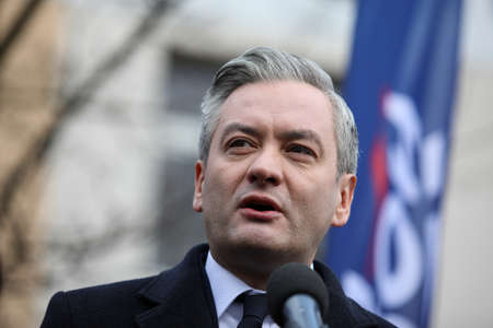 Poland, Czestochowa - 03 January 2020: portrait of Robert Biedron Left candidate for President of Poland during a press conference in front of the Municipal Hospital in Czestochowaのeditorial素材
