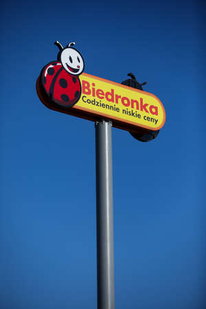 Czestochowa, Poland - 17 March 2020: logo Biedronka - delicatessen and supermarket chain stores companyのeditorial素材