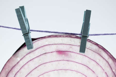 A red onion hangs from a rope on clothespins, as if clothes are drying. Macro shot of an onion ring....