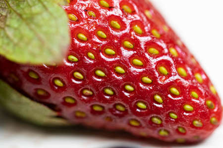 Juicy berry strawberry close-up. Macro shot of a fruit. Red-yellow photoの写真素材