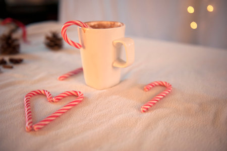 Soft focused photo of white cup of cocoa with candy canes and pinecones.の写真素材