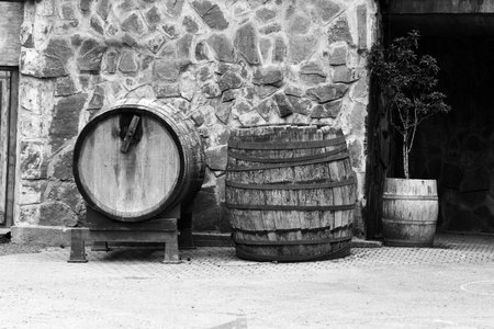Vintage looking retro barrels in pirate town in Kristiansand Dyrepark, amusement park in Norway.の写真素材