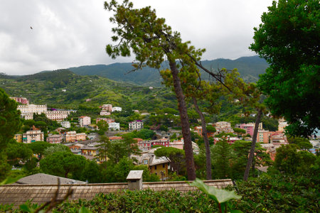 High angle view of village Monterosso in Italy on a cloudy day.  Landscape scenery.の写真素材