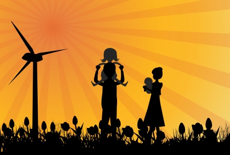 Silhouette of family in field with windmilのイラスト素材