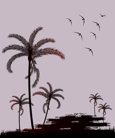 Silhouette palm trees and bird のイラスト素材