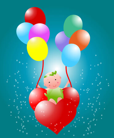 Baby flying with heart balloonのイラスト素材
