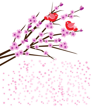 Birds on branch with pink cherry blossoms-space for textのイラスト素材