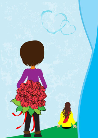 Boy with rose bouquetのイラスト素材