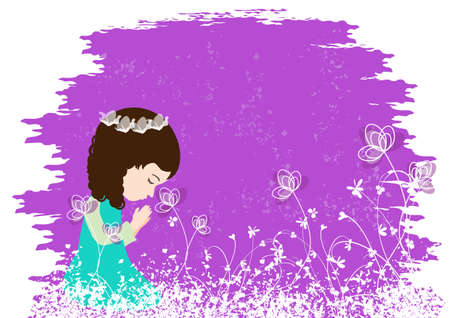 Beautiful little girl kneeling and praying peacefully-Vector illustrationのイラスト素材