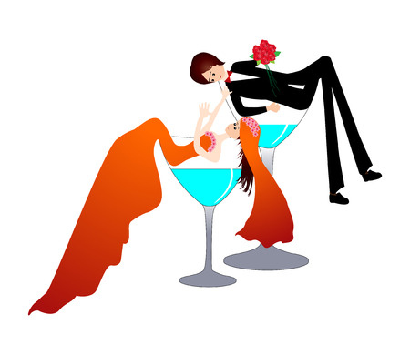 Funny bride and groom in a champagne glassのイラスト素材