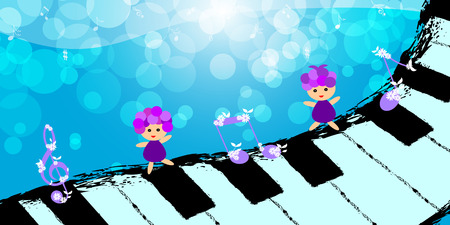 Children dancing on piano keyboard with music noteのイラスト素材